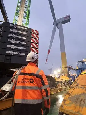 Birlinn Tech employees looking up at new wind turbine